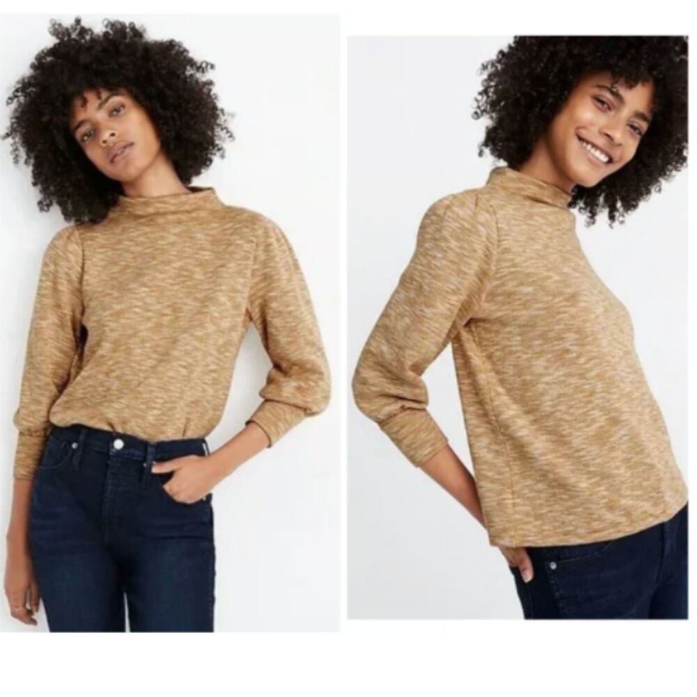 Madewell Gathered Sleeve Mock Neck Knit 3/4 Sleeves Pullover Heather Tan Top S